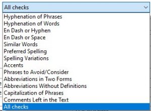 Two columns of checks show that the Australian Government style has 14 entries compared with 32 in CMOS (including the two out of sight). Both lists include En Dash or Hyphen, En Dash or Space, Similar Words, Spelling Variations, Accents, Abbreviations in Two Forms, Abbreviations Without Definitions, Capitalization of Phrases, Comments Left in the Text and All checks. Where Australian Government style has Hyphenation of Phrases, CMOS lists additional subheadings for Age Terms, Chemical Terms, Compound Modifiers, Compound Ordinals and Relationship Terms. Where Australian Government style simply has Hyphenation of Words, CMOS lists additional subheadings for Compounds and Relationship Terms. Where Australian Government style simply has Preferred Spelling, CMOS lists additional subheadings for Abbreviated Personal Titles, Abbreviations for Time of Day, Academic Degrees, Centuries and Decades, Choosing ‘a’ or ‘an’, Numbers with ‘Percent’, Possessives, Preferred Usage and Smart Apostrophes. Where Australian Government style simply has Phrases to Avoid/Consider, CMOS lists additional subheadings for Centuries and Decades, and Examples and Explanations.