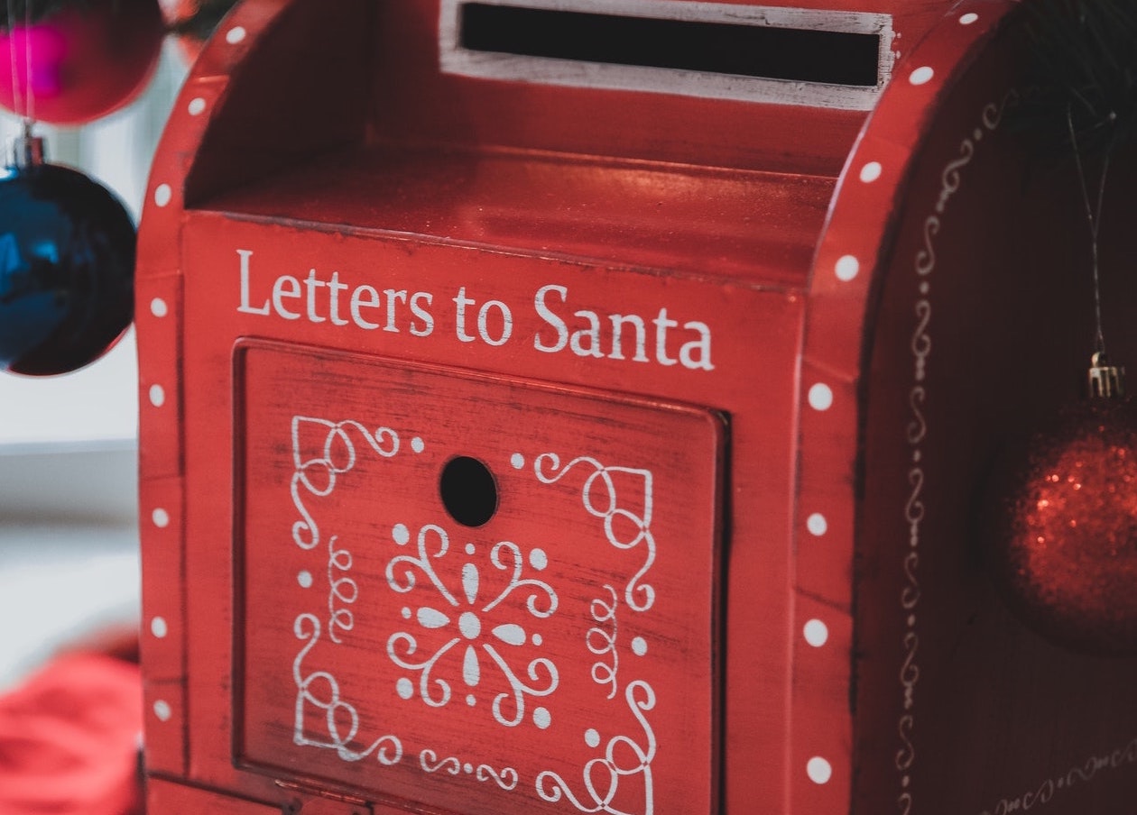 Image of mailbox with "letters to Santa" written on it.