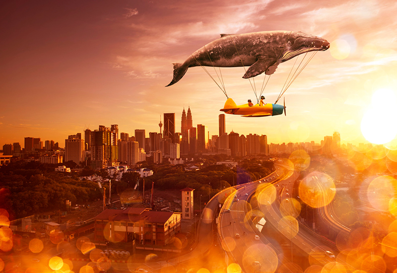 World-building; sci-fi fantasy image of a whale ship over a city