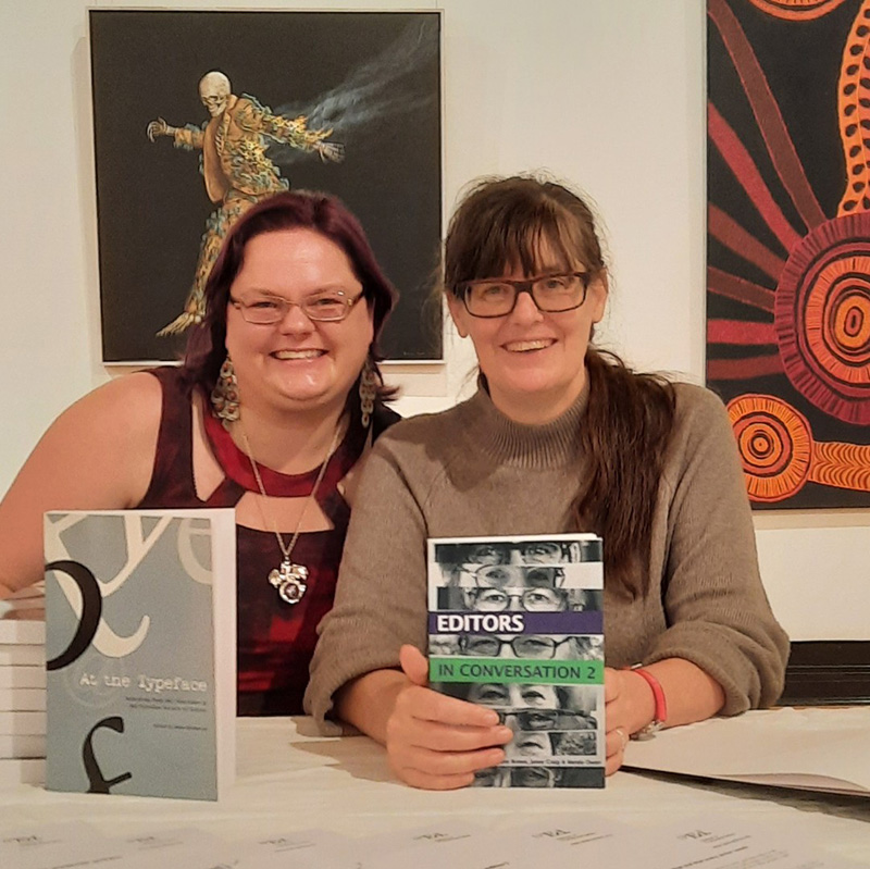 Committee members Stephanie Holt and Jenn Zabinskas at the Art Book Fair, Castlemaine Art Museum.