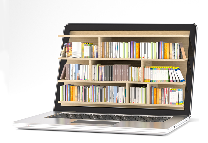 A laptop with a bookcase inside to convey the concept of online resources