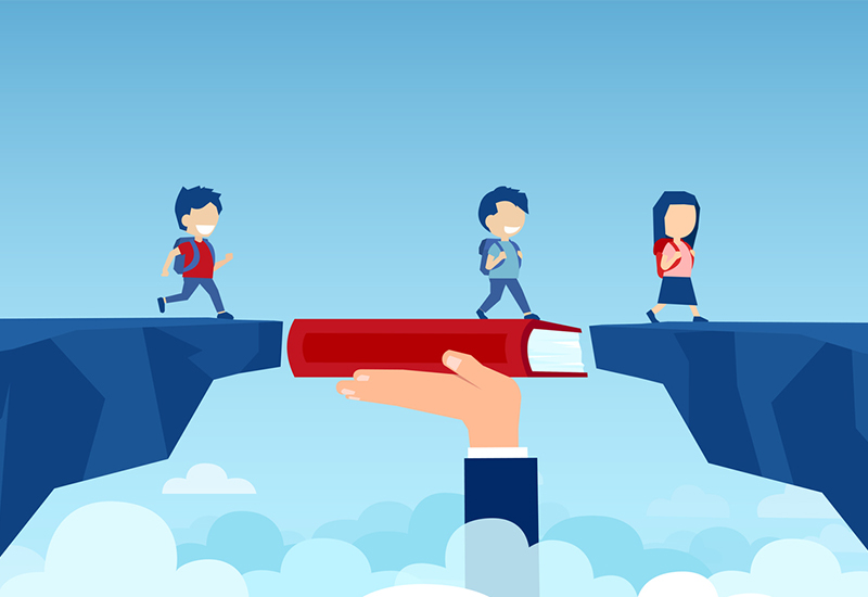 Print accessibility A conceptual graphic of a gap being bridged by a giant hand holding a book