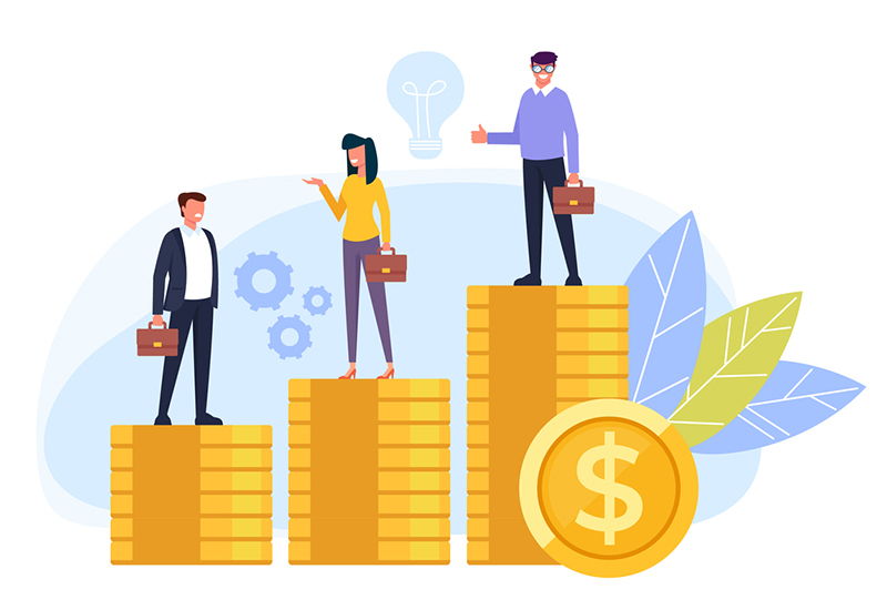 A conceptual graphic showing three people standing on a stack of coins to show salaries differences