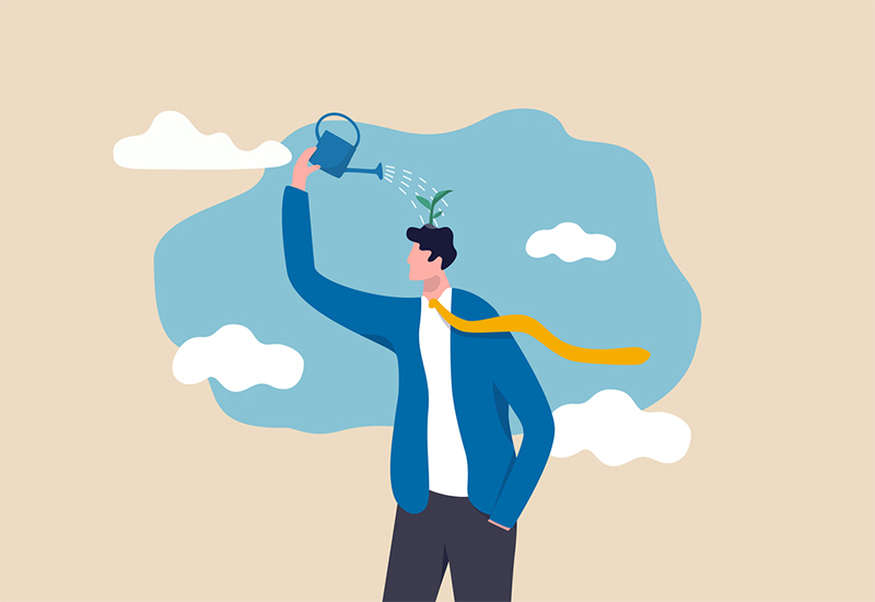 A graphic of a man with a watering can pouring water on his head to illustrate self improvement and development