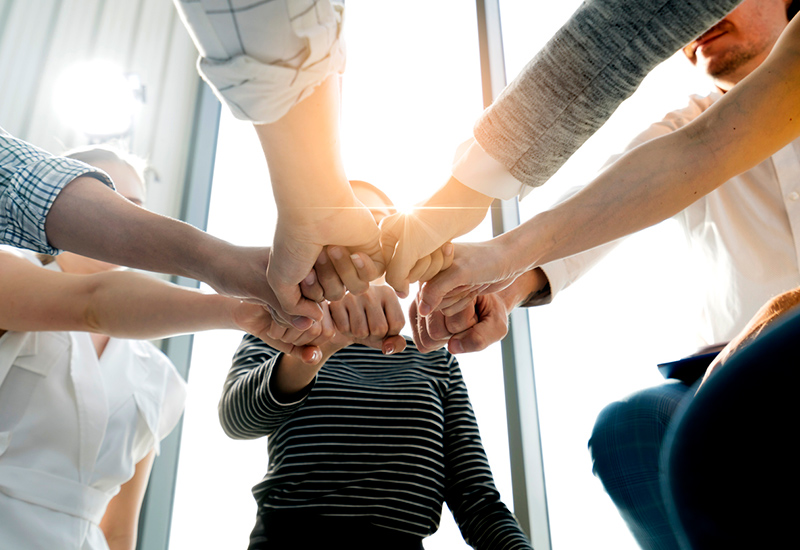 Fists bumping together in a circle to show teamwork