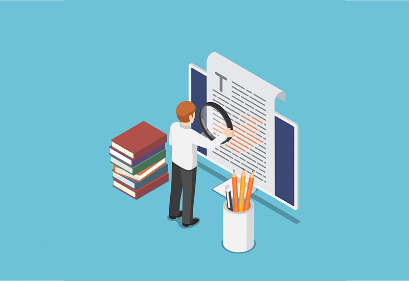Academic editing An image of an editor holding a magnifying glass to a computer screen