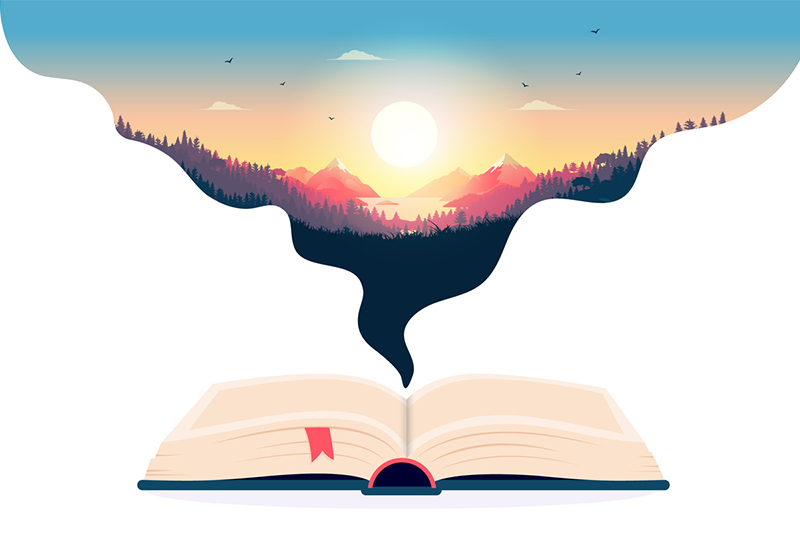 A graphic of a sunrise coming up of a book, to depict imagination and the power of words
