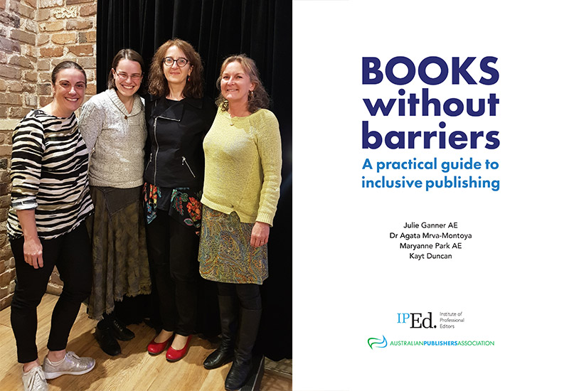 A group photo of the Books without barriers authors and the book cover
