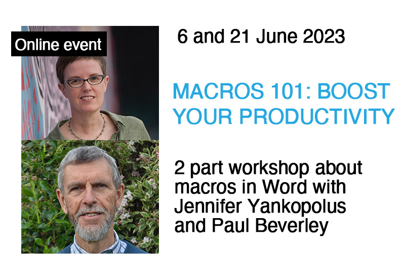 A flyer with information about the macros workshop and Jennifer Yankopolus and Paul Beverley's headshots