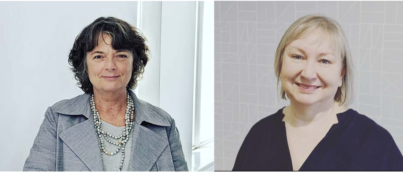 Portraits of two women. On the left, a woman with short dark hair. She smiles and wears and grey jacket and top with a long beaded necklace. On the right, a woman with short blond hair. She smiles and wears a black v neck top.